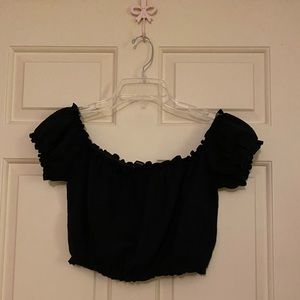 Forever21 Black Off Shoulder Lettuce Trim Crop Top